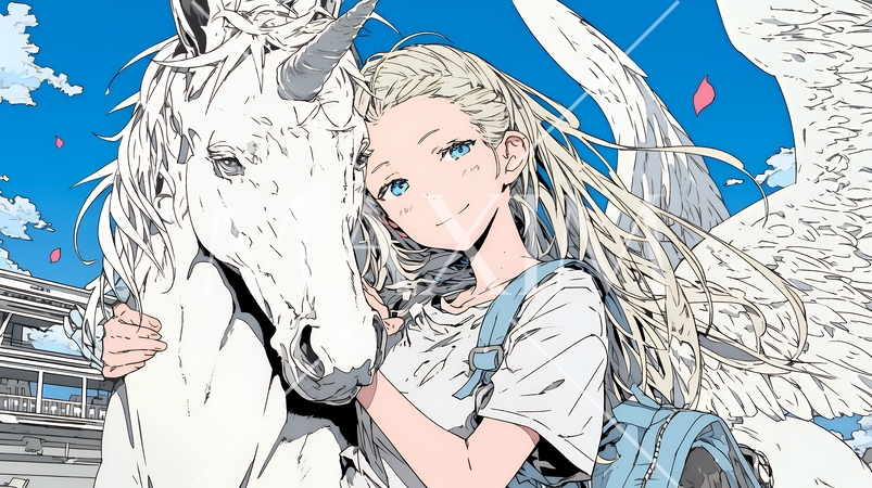 ユニコーンと若い女性