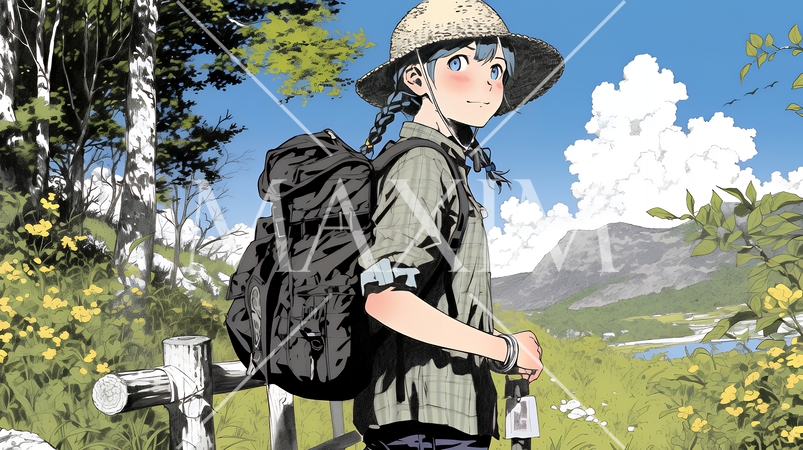 秋の野山をハイキングしている若い女性