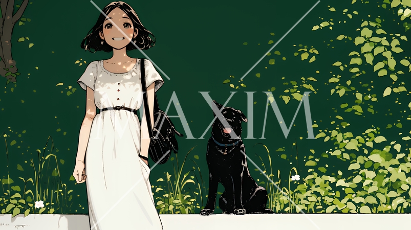 愛犬と散歩している若い女性（シンプルな色使い）