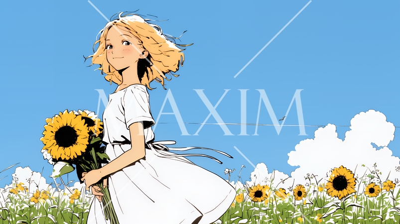 ひまわりと女性（シンプルな色使い）