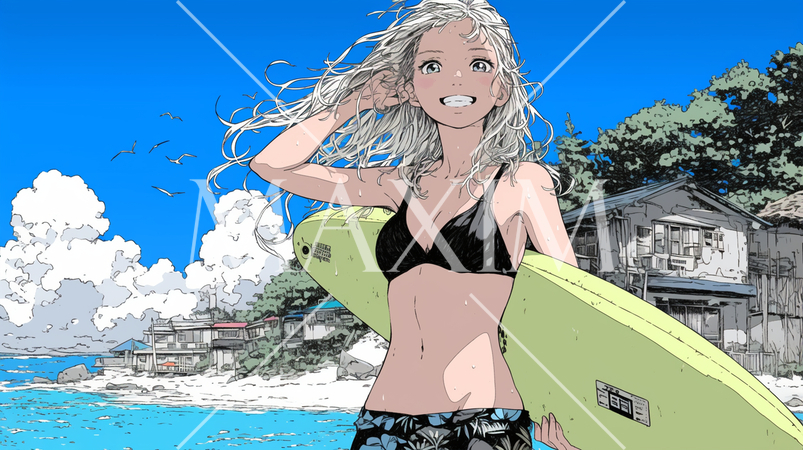 沖縄の海岸でビキニ姿でサーフボードを持った若い女性