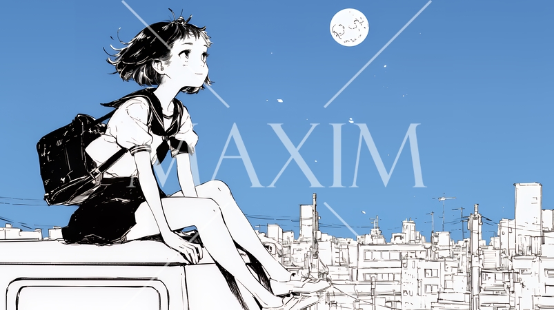 若い女性が佇む都市の街角（シンプルな色使い）