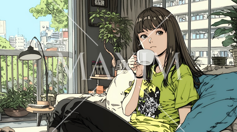 リビングで紅茶を飲んでいる女性