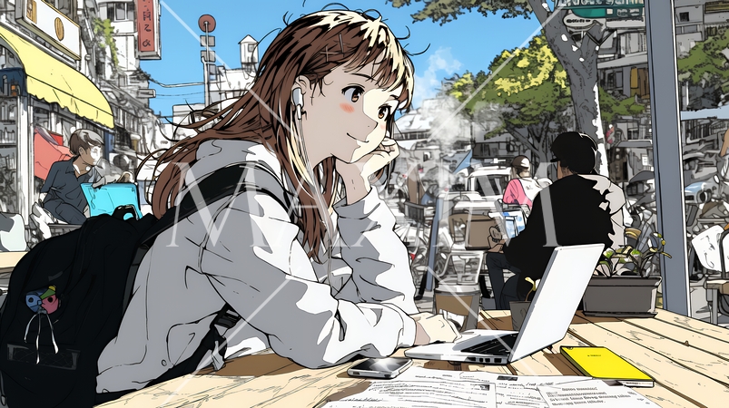 カフェでフリーランスや学生が仕事や勉強をしている