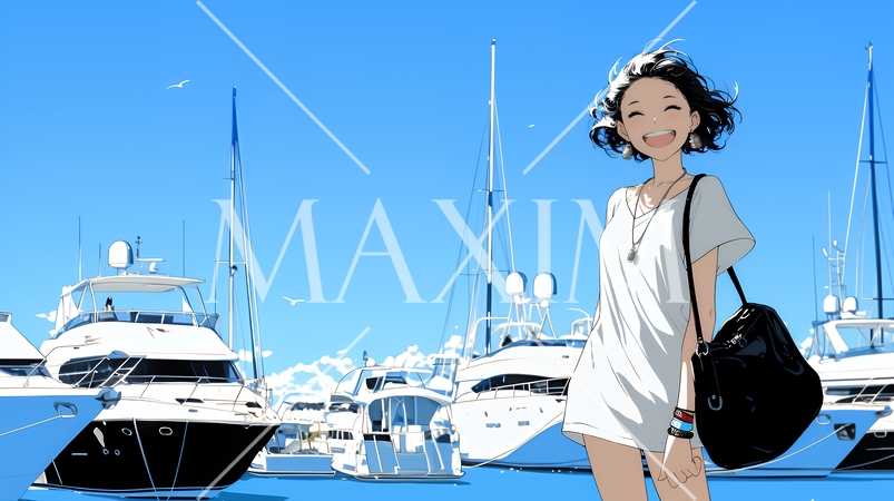 沖縄のヨットハーバーに立つ若い女性（シンプルな色使い）