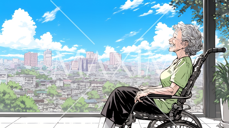 幸せそうに外の景色を眺めているおばあちゃん