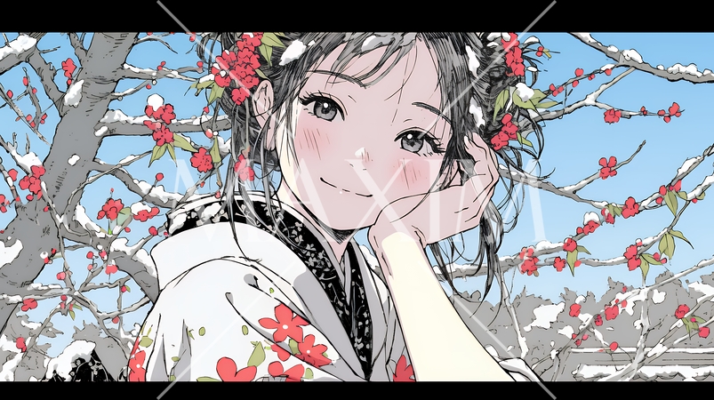 満開の梅の花と和服姿の若い女性