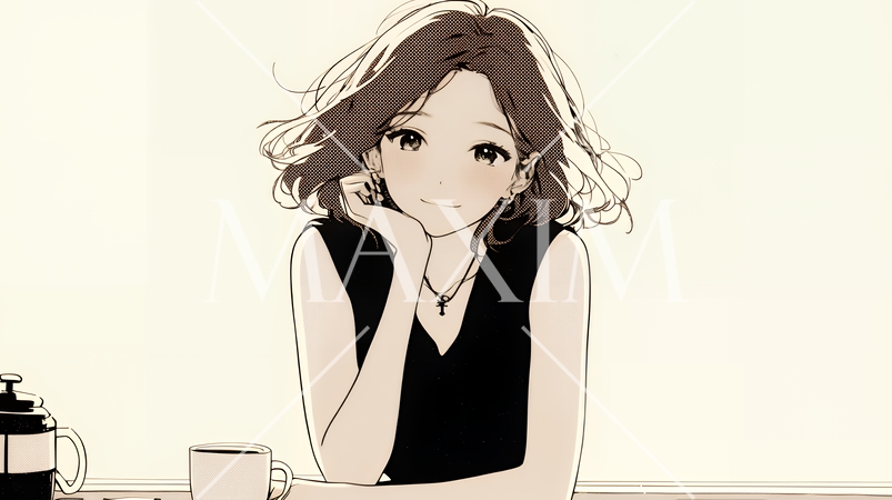 会議で発表している男性に魅了され、新しい恋の予感を抱いた若い女性（シンプルな色使い）