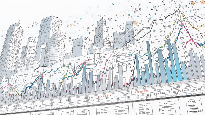 様々なチャートや数値表など様々な計量指標がランダムに空間に散りばめられた背景