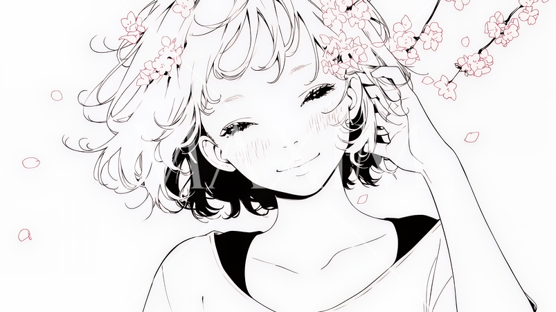 満開の桜の下、春風に乱れた髪を整える若い女性（シンプルな色使い）