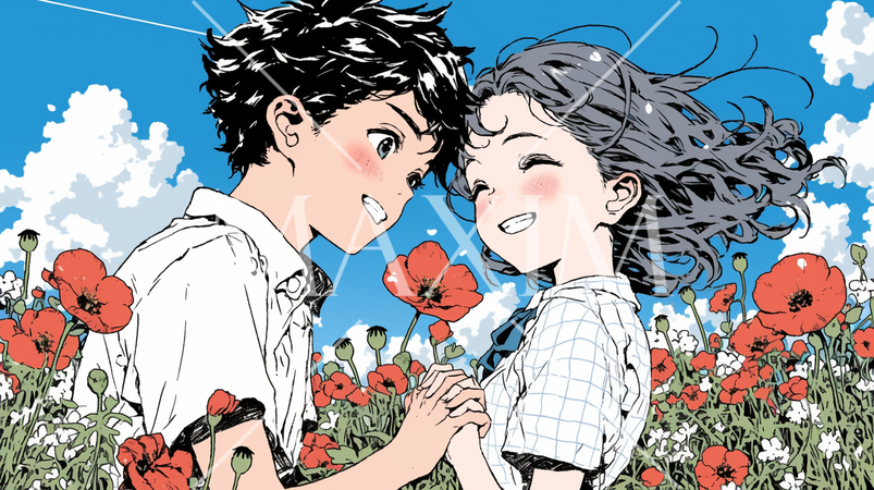 ポピー畑でデートをしている初々しい恋人たち