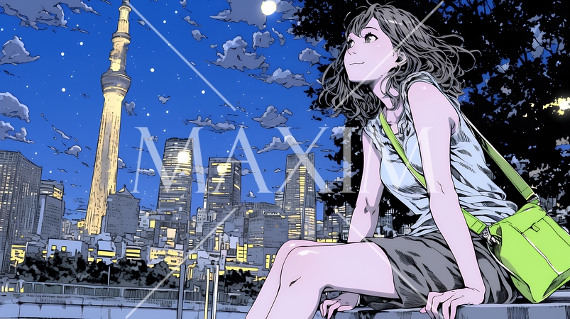 都市の夜景を眺めている女性