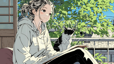 秋の読書を楽しむ若い女性｜静かで落ち着いた秋の日のイラストポートレート（イラストID:890561-18121）