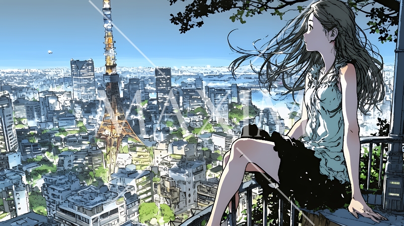 都市の夜景を眺めている女性