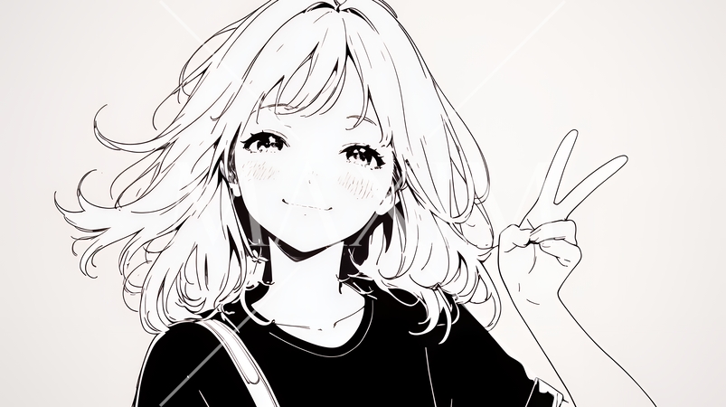 笑顔でピースサインを見せる若い女性（シンプルな色使い）