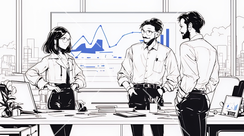 チームでマーケットデータ解析を行っているビジネスパーソン（シンプルな色使い）