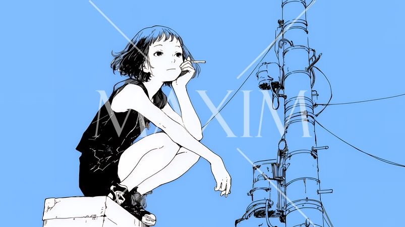 若い女性が佇む都市の街角（シンプルな色使い）