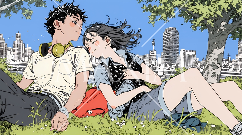 新緑の芝生が広がる都会の公園でくつろぐ若い男女