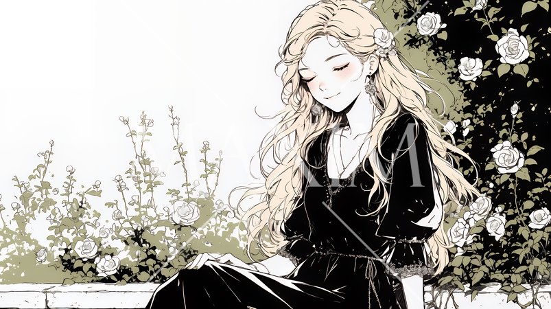 バラ園を散策している若い女性（シンプルな色使い）