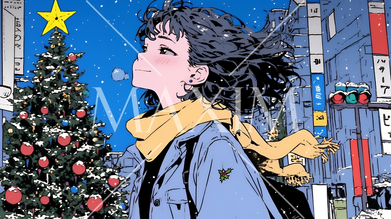 ホワイトクリスマスの街を歩く若い女性