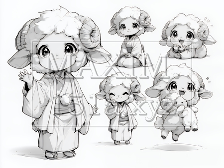 かわいい羊の擬人化ポーズ集｜白黒線画の干支・年賀状向けイラスト素材（イラストID:8915139-20554）