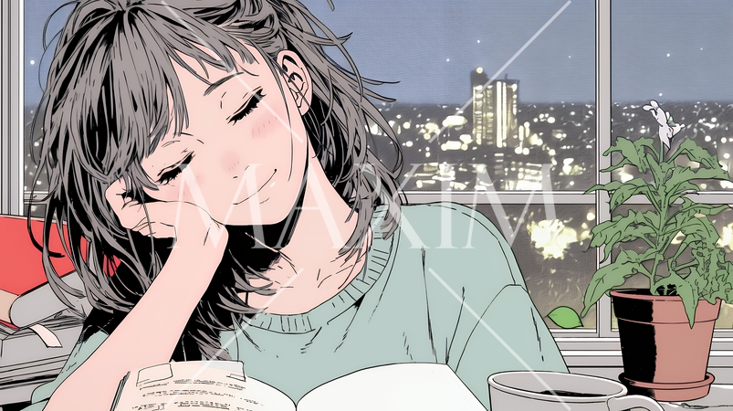 資料（本）を読みながら、うとうと眠ってしまう若い女性