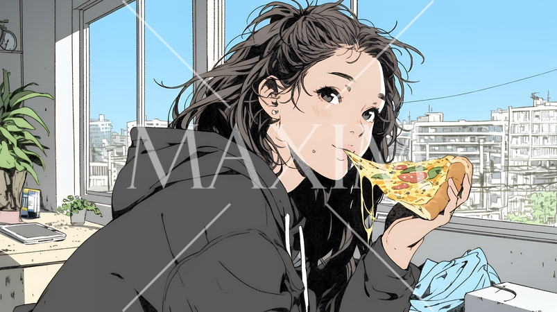 ピザを食べている若い女性