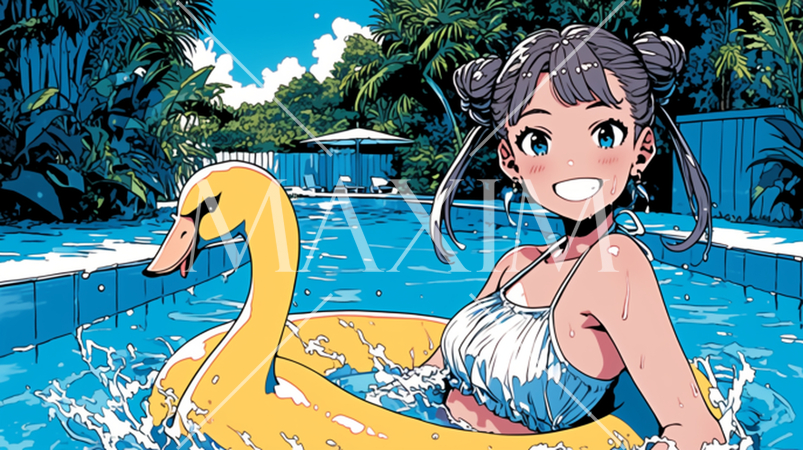 スワン浮き袋でプールでお楽しみ中の若い女性