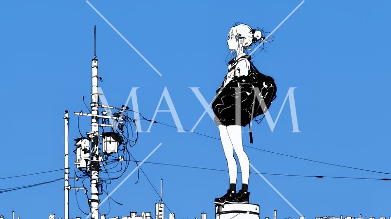 若い女性が佇む都市の街角（シンプルな色使い）