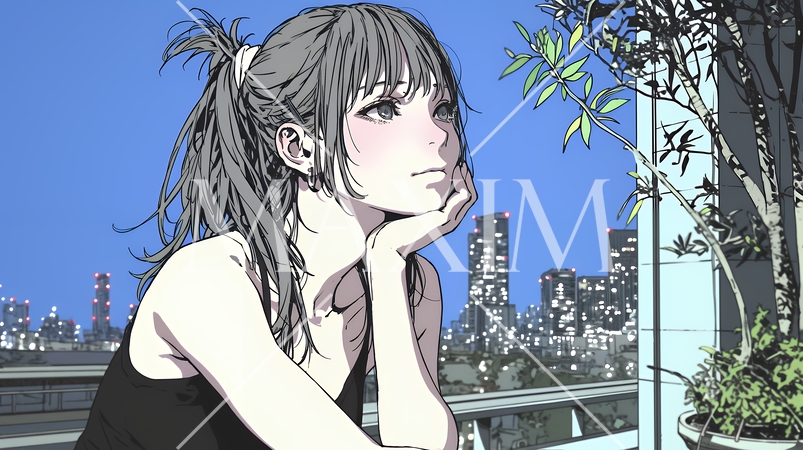 ベランダで夜風に当たりながら都会のランドスケープを眺め休む若い女性