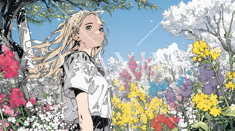 満開の春の花々と若い女性