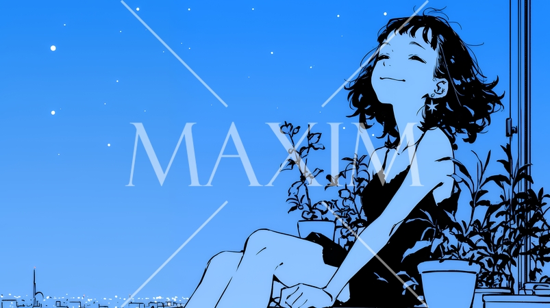 ベランダで夜風に当たりながら都会のランドスケープを眺め休む若い女性（シンプルな色使い）