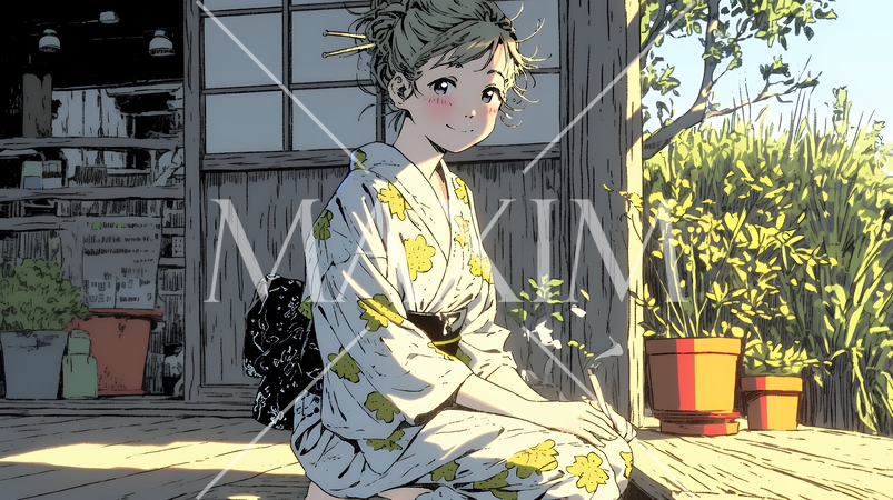 浴衣姿で夕涼みをしている若い女性