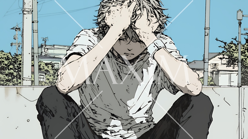 悔しがっている男性：一人座り、後悔と苛立ちをあらわにする苦悩した男性