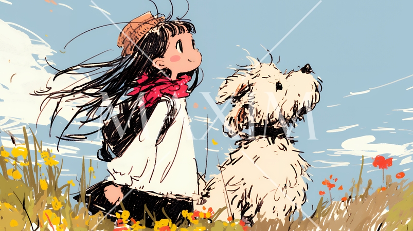 愛犬と散歩をしている女の子（クレヨン＋水彩画風）