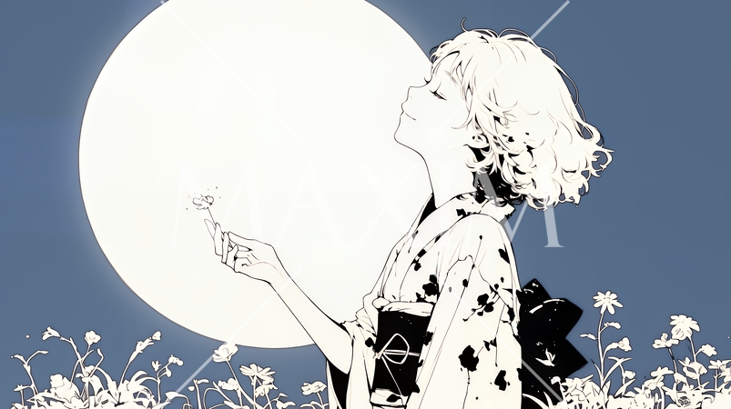 月見をしている若い女性（シンプルな色使い）