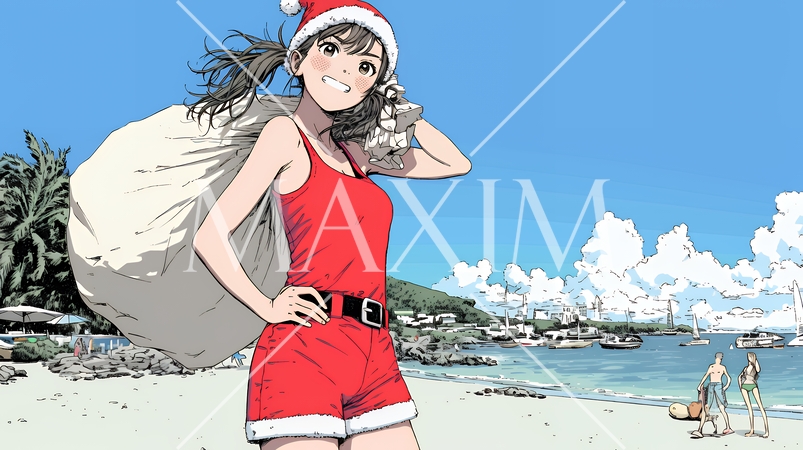 真夏（南半球）のビーチで活動中の女性のサンタクロース