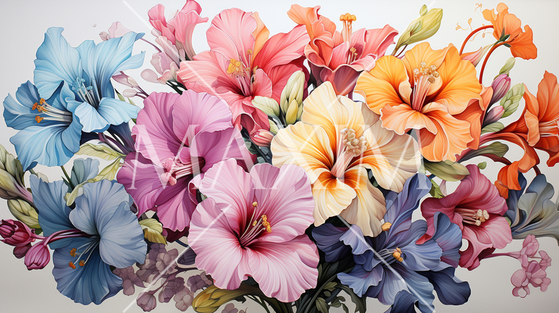 南国の花々が咲き乱れる庭：水彩画