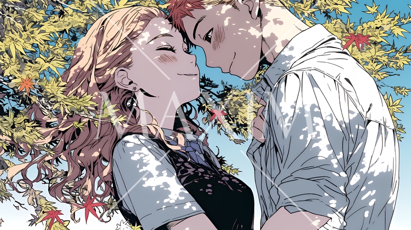 紅葉の下でいちゃついている若いカップル