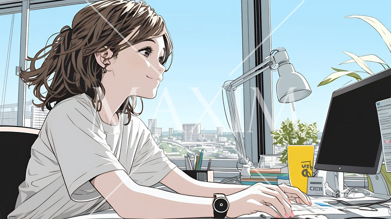 職場のデスクでパソコンに向かって仕事をしているビジネスウーマン