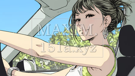 自動車を運転する若い女性｜爽やかで自然なドライブ風景のイラストポートレート（イラストID:8936604-18086）