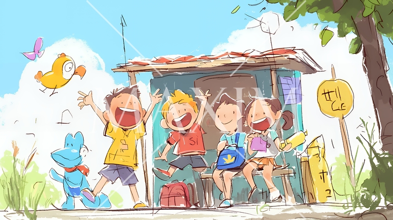 小学生の夏の思い出：友達といつまでもおしゃべり（クレヨン＋水彩画風）