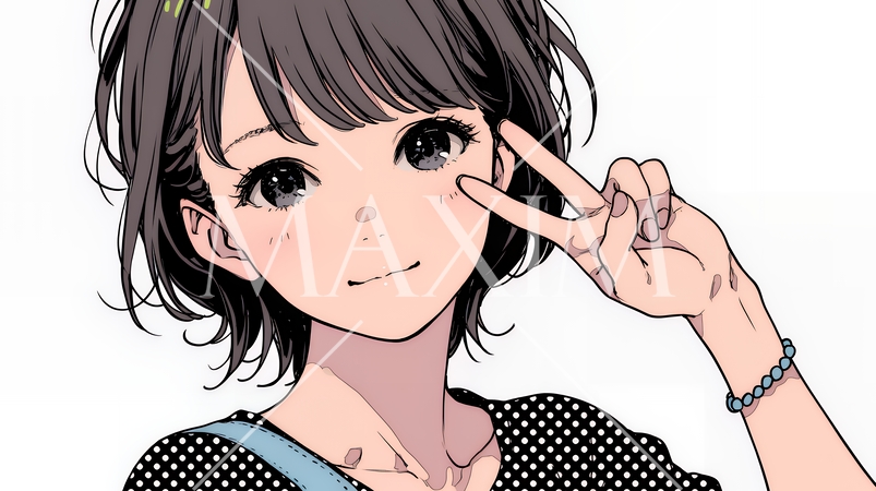 笑顔でピースサインを見せる若い女性