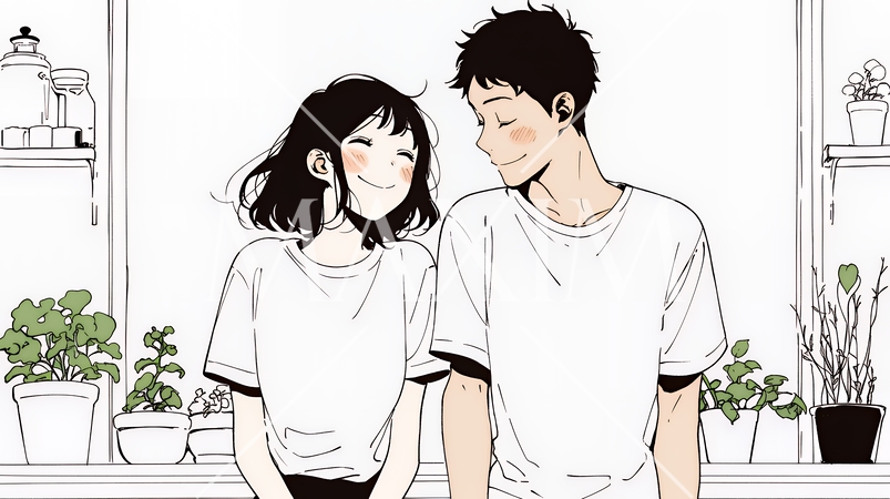 幸せそうなカップル：ダイニングルームて談笑（シンプルな色使い）