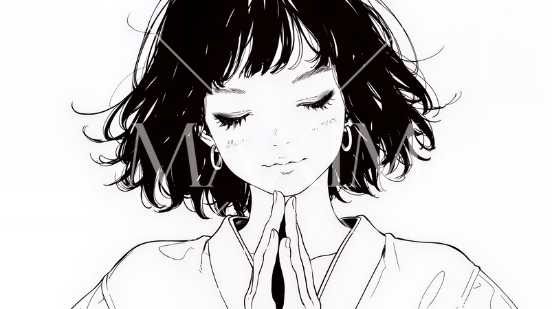 手を合わせてお祈りをしている和服姿の若い女性（シンプルな色使い）