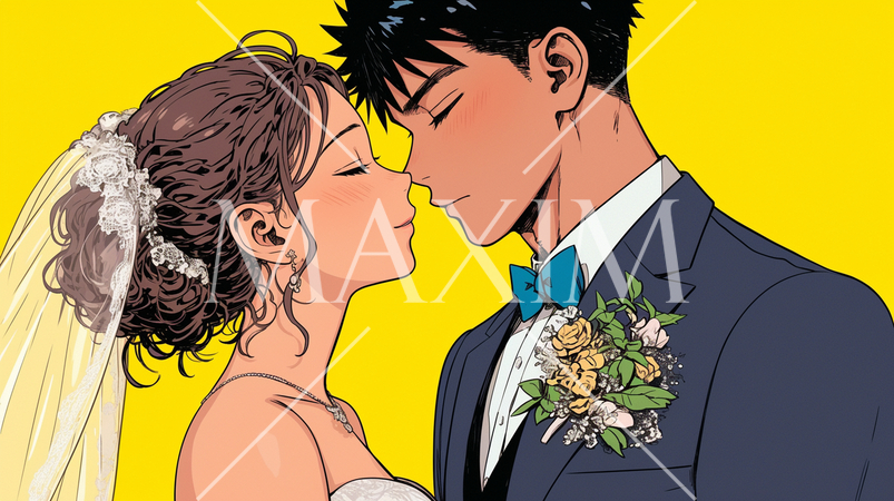 結婚式で見つめ合う新郎新婦：キス