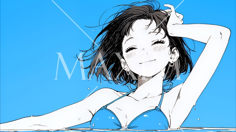 ビキニ姿の若い女性（シンプルな色使い）