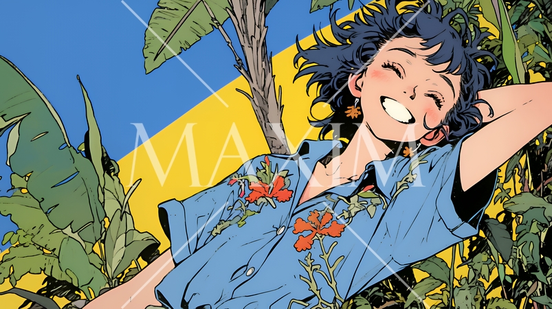 沖縄のかりゆしファッションを着て笑顔いっぱいの若い女性