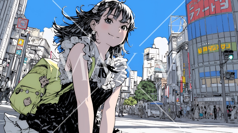 ハロウィン：ゴシックロリータファッションで町を歩く若い女性