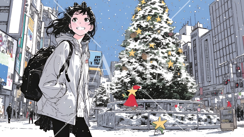 ホワイトクリスマスの街を歩く若い女性